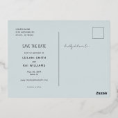 ミニマリスト日付を保存ダスティブルー 箔招待状ポストカード (裏面)