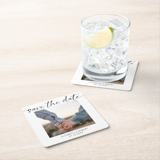 ミニマリスト日付写真スクリプトの保モダン存 スクエアペーパーコースター (インサイチュ)