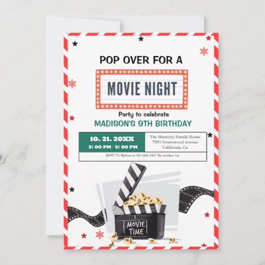 ミニマリスト映画の夜の誕生日パーティーの招待 カード (正面)