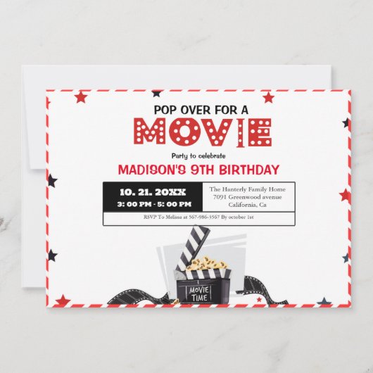 ミニマリスト映画の夜の誕生日パーティーの招待 カード (正面)