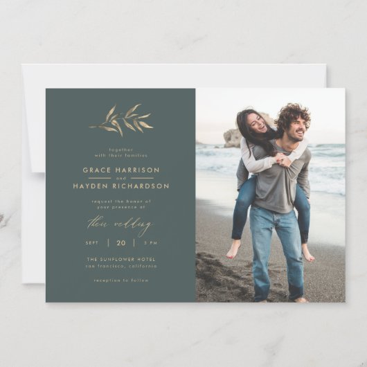 ミニマリスト暗いティール(緑がかった色)&セピア結婚ブランチの写真 マグネット招待状 (正面)
