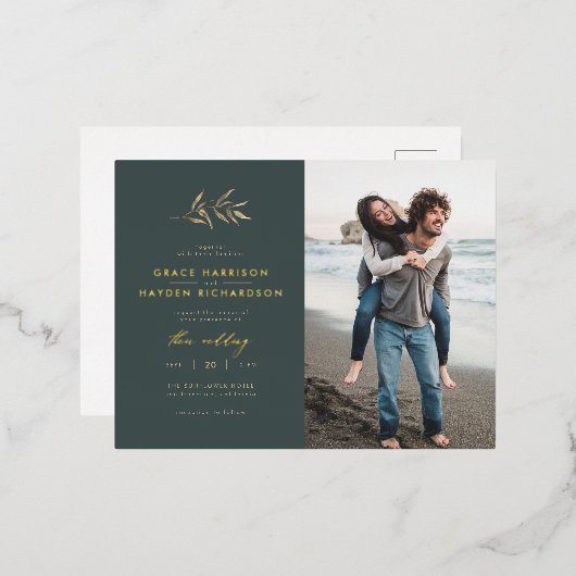 ミニマリスト暗いティール(緑がかった色)&セピア結婚ブランチの写真 箔招待状ポストカード (正面/裏面)