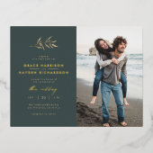 ミニマリスト暗いティール(緑がかった色)&セピア結婚ブランチの写真 箔招待状ポストカード (正面)