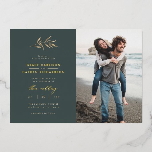 ミニマリスト暗いティール（緑がかった色）&セピア結婚ブランチの写真 箔招待状 (正面)