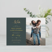 ミニマリスト暗いティール(緑がかった色)&セピア結婚ブランチの写真 箔招待状 (立ち正面)