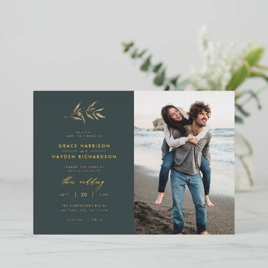 ミニマリスト暗いティール（緑がかった色）&セピア結婚ブランチの写真 箔招待状 (立ち正面)