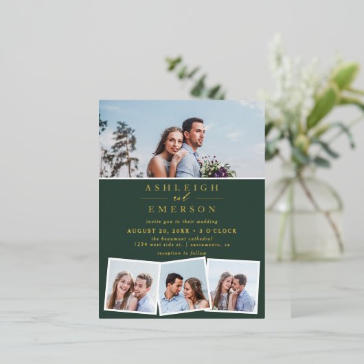 ミニマリスト暗緑色フォトコラージュ結婚ズ 箔招待状ポストカード (立ち正面)