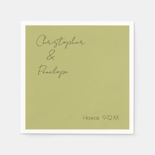 ミニマリスト書道オリーブグリーン結婚トラベル スタンダードカクテルナプキン (正面)