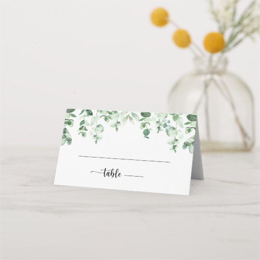 ミニマリスト書道グリーンユーカリ結婚ス プレイスカード (正面)