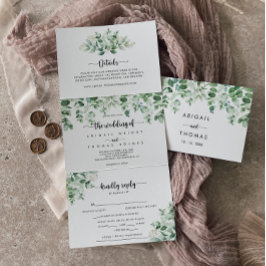 ミニマリスト書道グリーンユーカリ結婚ス 三つ折り招待状