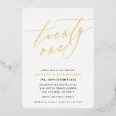 ミニマリスト書道シック21歳の誕生日金ゴールド 箔招待状 (正面)