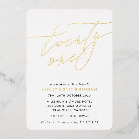 ミニマリスト書道シック21歳の誕生日金ゴールド 箔招待状 (正面)