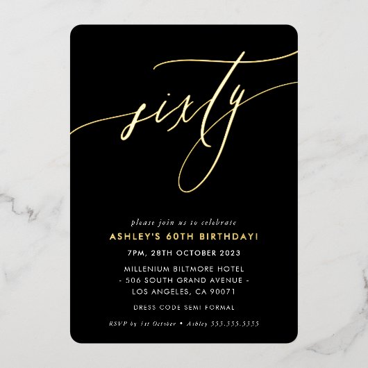 ミニマリスト書道シック60th誕生日金ゴールドFoi 箔招待状 (正面)