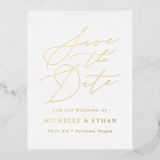 ミニマリスト書道台本の日付を保存 箔招待状ポストカード (正面)