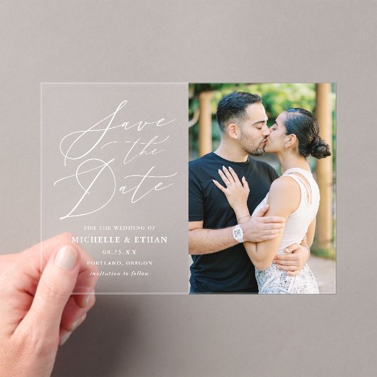 ミニマリスト書道結婚式の日付を保存 アクリル招待状 (インサイチュ (ポータブル))