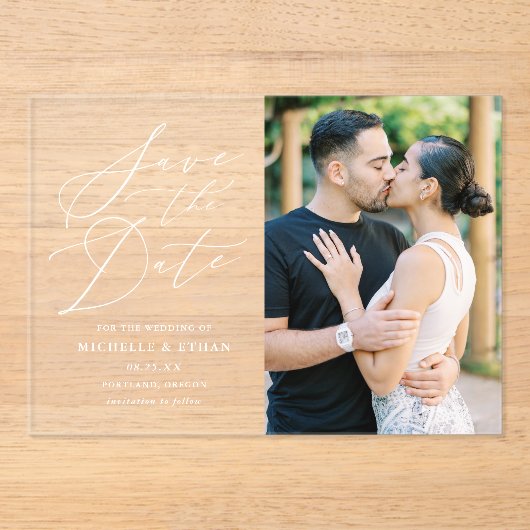 ミニマリスト書道結婚式の日付を保存 アクリル招待状 (正面)