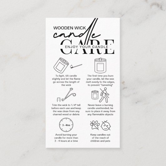 ミニマリスト木製ウィックキャンドルの安全性指示 名刺 (正面)