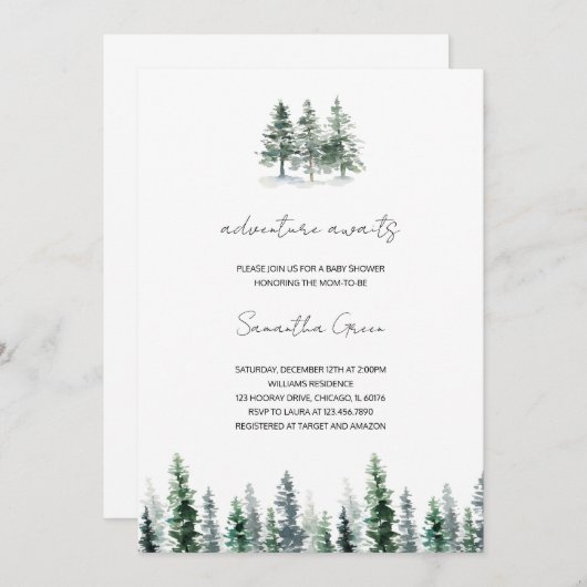 ミニマリスト松の木のベビーシャワー招待状 招待状 (正面/裏面)
