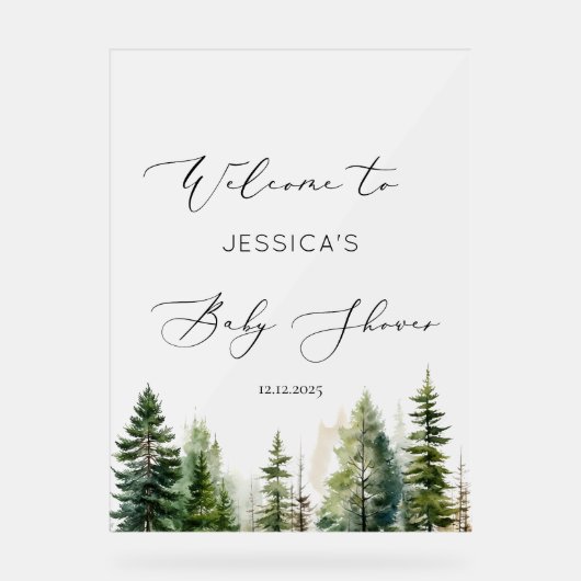 ミニマリスト松の木の森の赤ちゃんシャワーへようこそ アクリルサイン (正面)