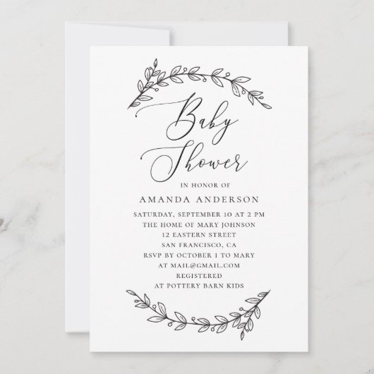 ミニマリスト植物性ベビーシャワー | スクリプトエレガント 招待状 (正面)