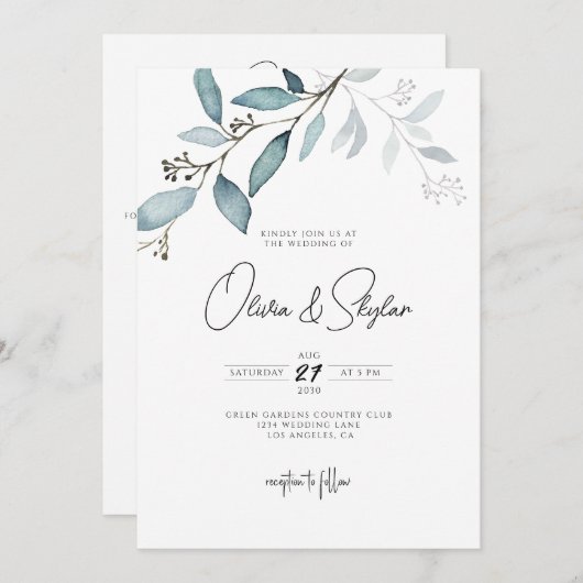 ミニマリスト植物性ユーカリシンプルス結婚・inv 招待状 (正面/裏面)