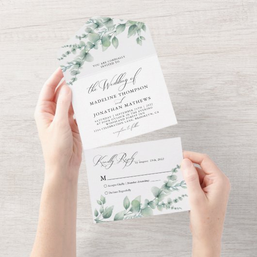 ミニマリスト植物性ユーカリ水結婚色の オールインワン招待状 (貼ってはがせる)