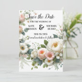 ミニマリスト植物性赤面ピンク&ホワイト結婚ズ セーブザデート (スタンド正面)