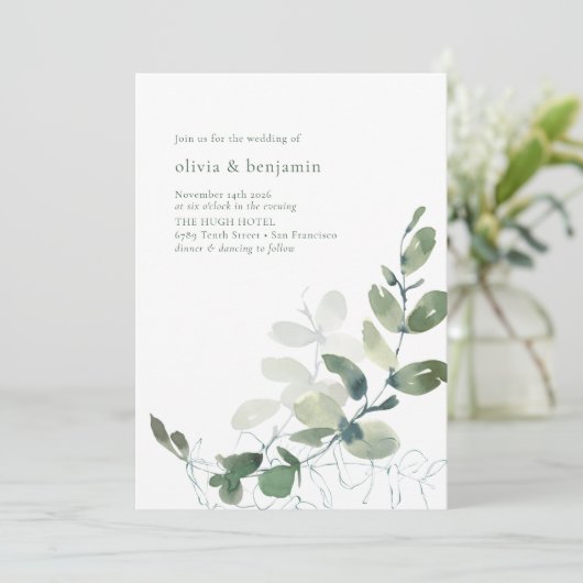 ミニマリスト植物緑のユーカリ結婚プス 招待状 (スタンド正面)