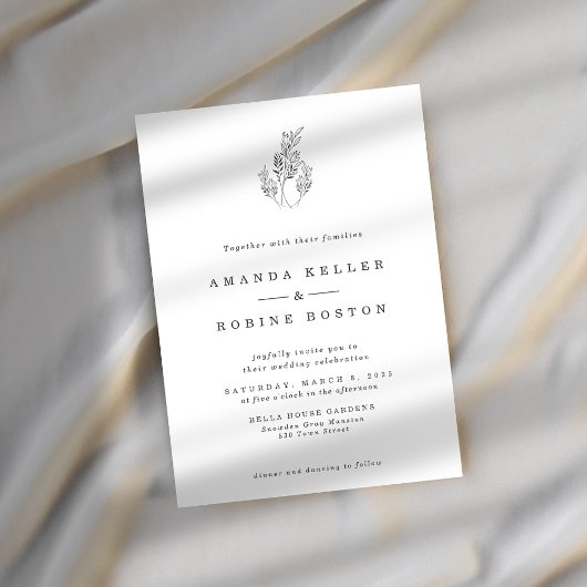 ミニマリスト植物線アート結婚式招待状 招待状