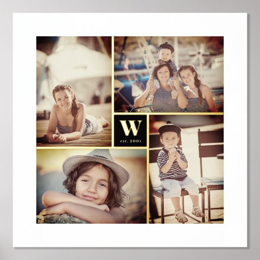 ミニマリスト正方形ファミリーモノグラム4フォトコラージュ 箔ポスター (正面)