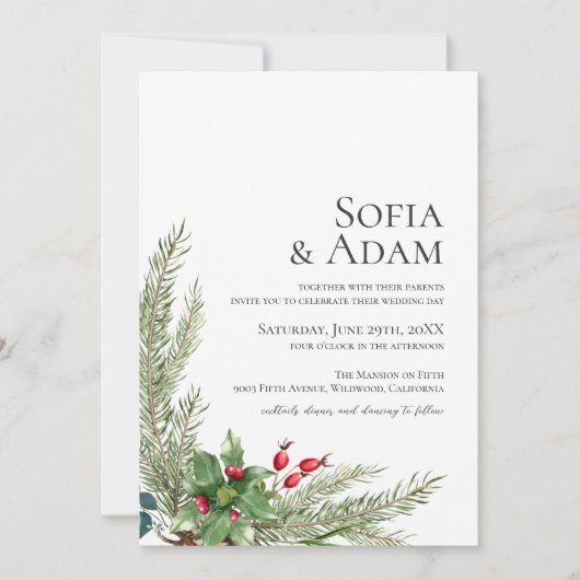 ミニマリスト水の色の冬のポインセチア結婚ズ 招待状 (正面)