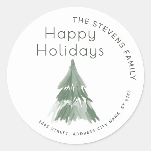 ミニマリスト水の色の木ハッピーホリデー ラウンドシール (正面)