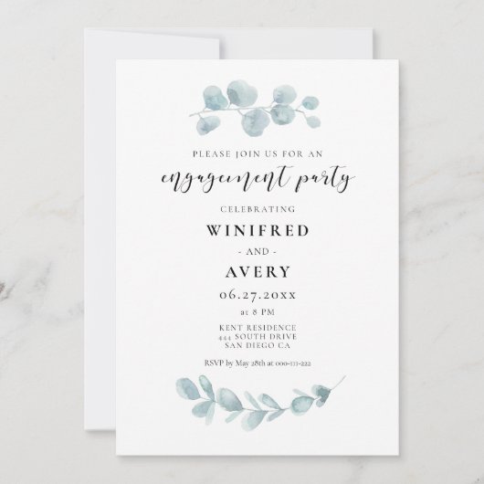 ミニマリスト水の色の緑婚約パーティ 招待状 (正面)
