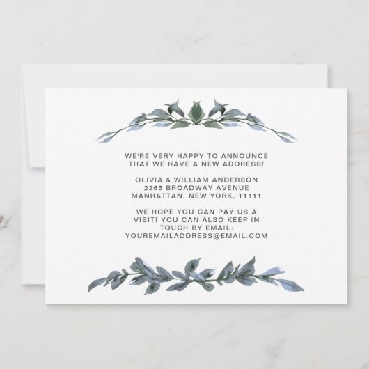 ミニマリスト水の色ほこりっぽい青ユーカリ移動 案内状 (裏面)