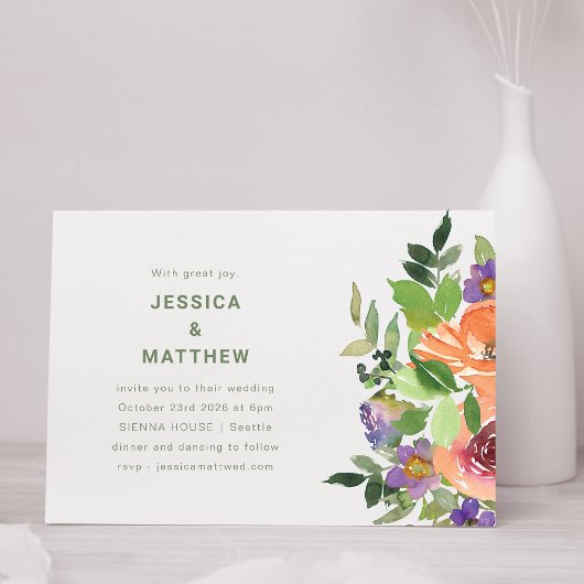 ミニマリスト水の色オレンジパープル結婚フローラ 招待状