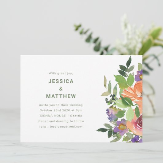 ミニマリスト水の色オレンジパープル結婚フローラ 招待状 (スタンド正面)