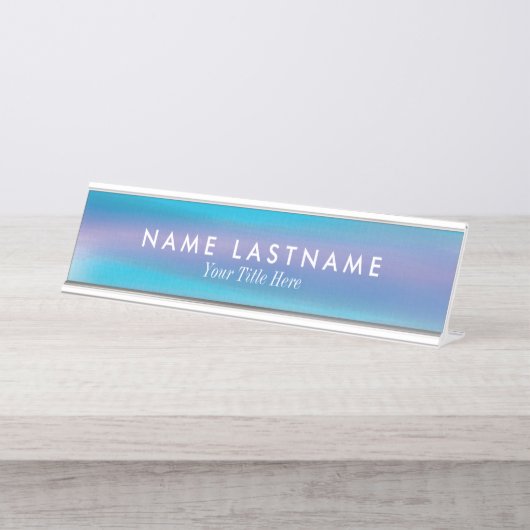 ミニマリスト水の色グラデーションターコイズ紫 デスクネームプレート (正面)