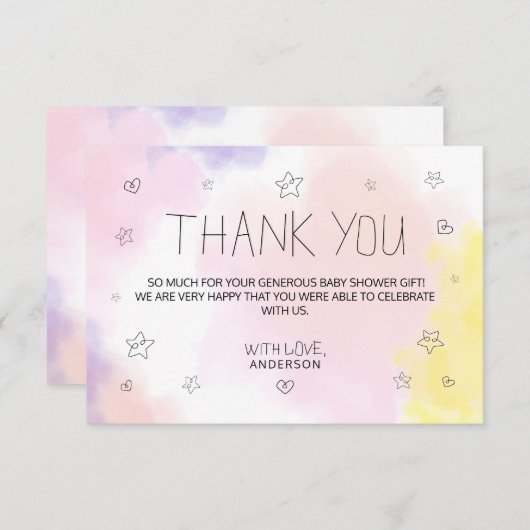 ミニマリスト水の色ピンクありがとう赤ちゃんシャワー サンキューカード (正面/裏面)