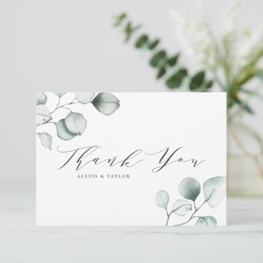 ミニマリスト水の色ユーカリ葉ス結婚ズの サンキューカード (スタンド正面)