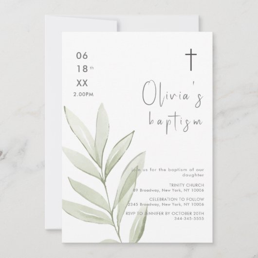 ミニマリスト水の色葉のクロスバプテスマ 招待状 (正面)