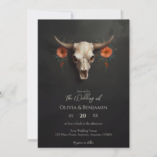 ミニマリスト水カラーフローラ牛スカル結婚ズ 招待状 (正面)