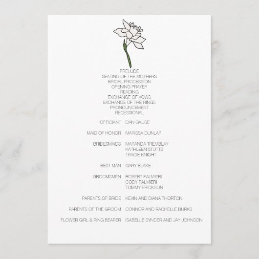 ミニマリスト水仙結婚式 プログラム (正面)