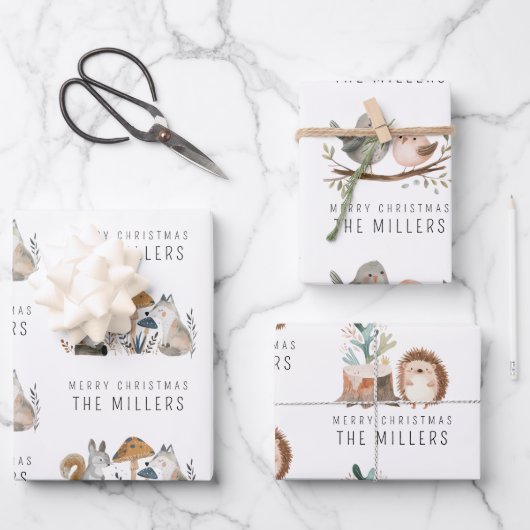 ミニマリスト水彩ウッドランド動物 ラッピングペーパーシート (正面)