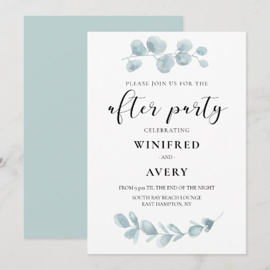 ミニマリスト水彩グリーンのアフターパーティー 招待状 (正面/裏面)