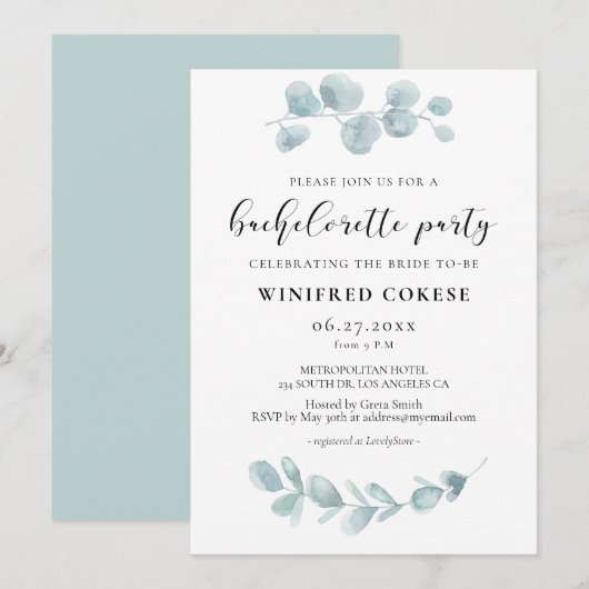 ミニマリスト水彩グリーンの独身最後の女友達パーティー 招待状 (正面/裏面)