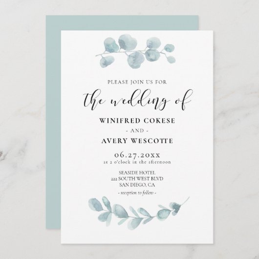 ミニマリスト水彩グリーンの結婚式 招待状 (正面/裏面)