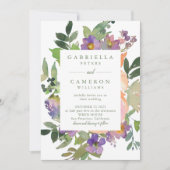 ミニマリスト水彩パープル シック フローラル ウェディング 招待状 (正面)