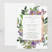 ミニマリスト水彩パープル シック フローラル ウェディング 招待状 (正面/裏面)