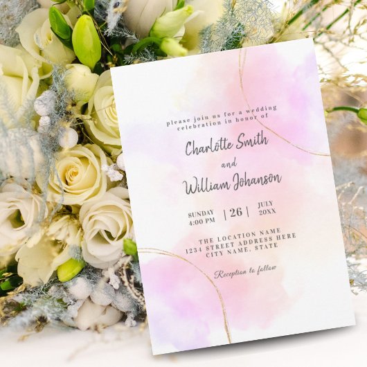 ミニマリスト水彩ピンクとゴールドホワイトエレガント 招待状