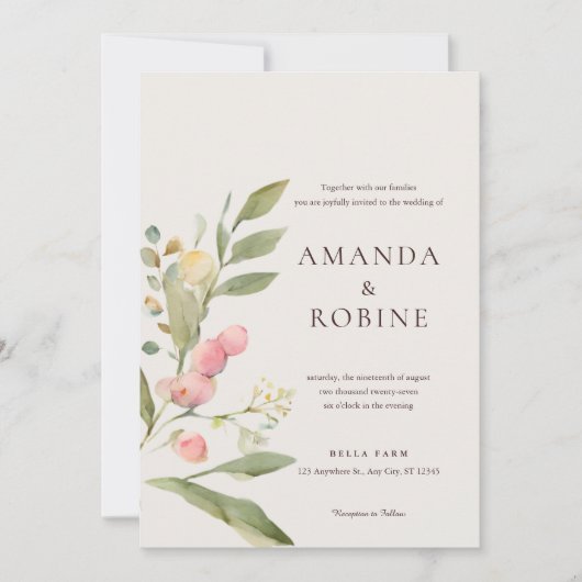 ミニマリスト水彩植物学結婚の 招待状 (正面)